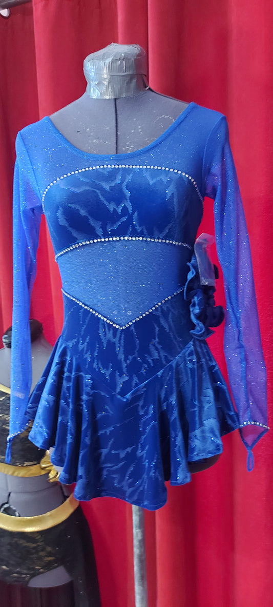 Blue Embossed velvet Figure skating dress