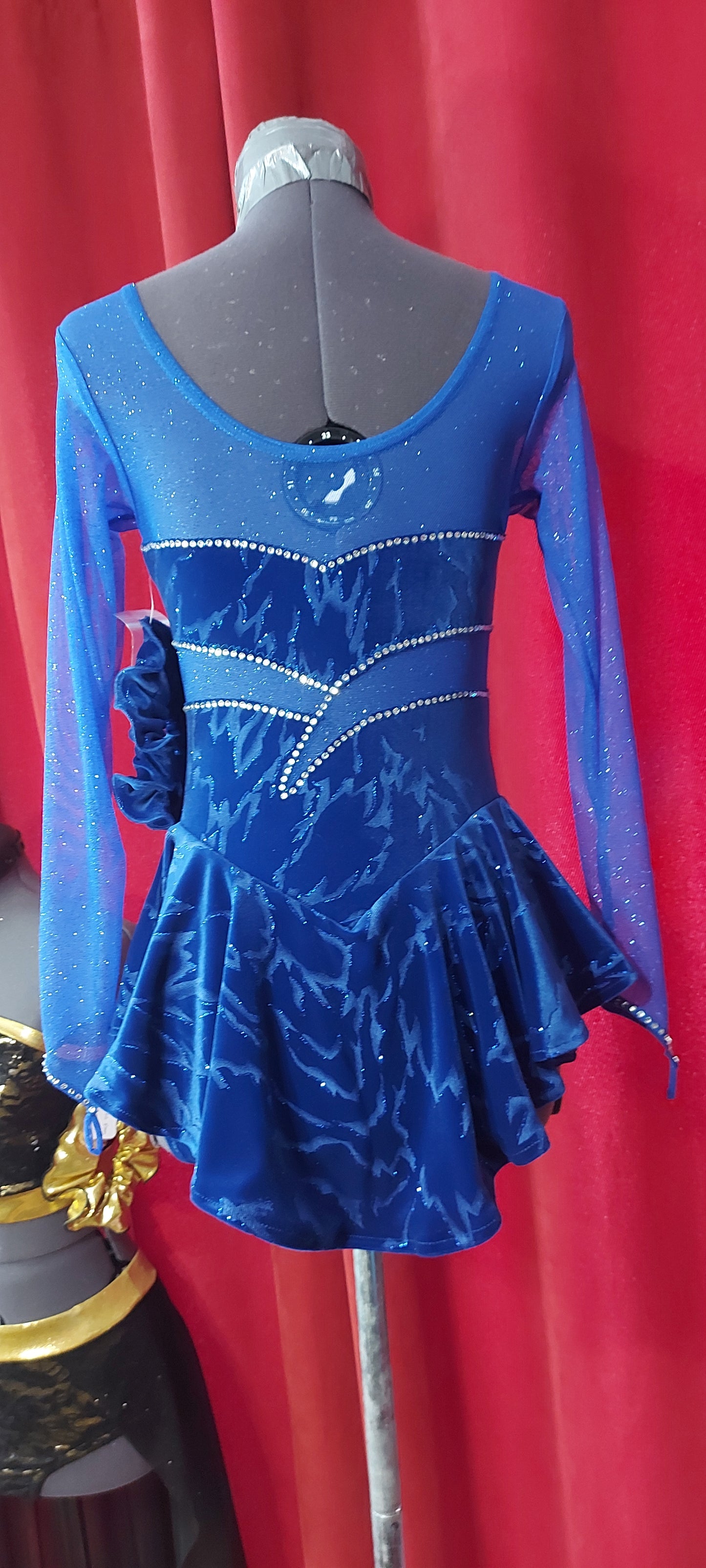 Blue Embossed velvet Figure skating dress