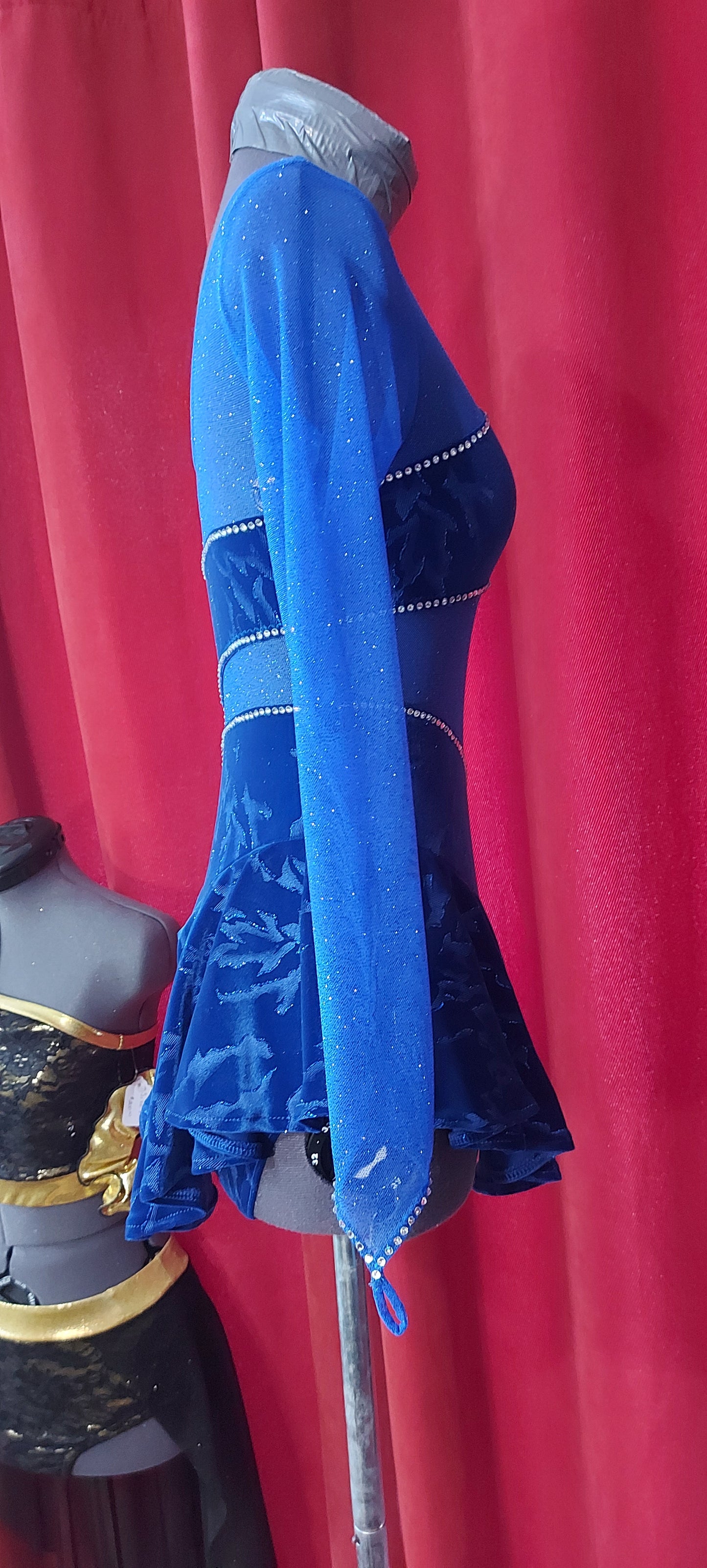 Blue Embossed velvet Figure skating dress